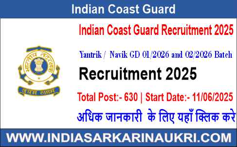 Indian Coast Guard Recruitment 2025 Apply Online 630 Yantrik /  Navik GD 01/2026 and 02/2026 Batch Posts